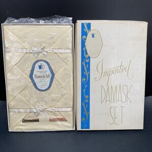 Vintage Damask Tablecloth and Napkin Set Gold Formal 50x66.6 Japan NOS 1950s